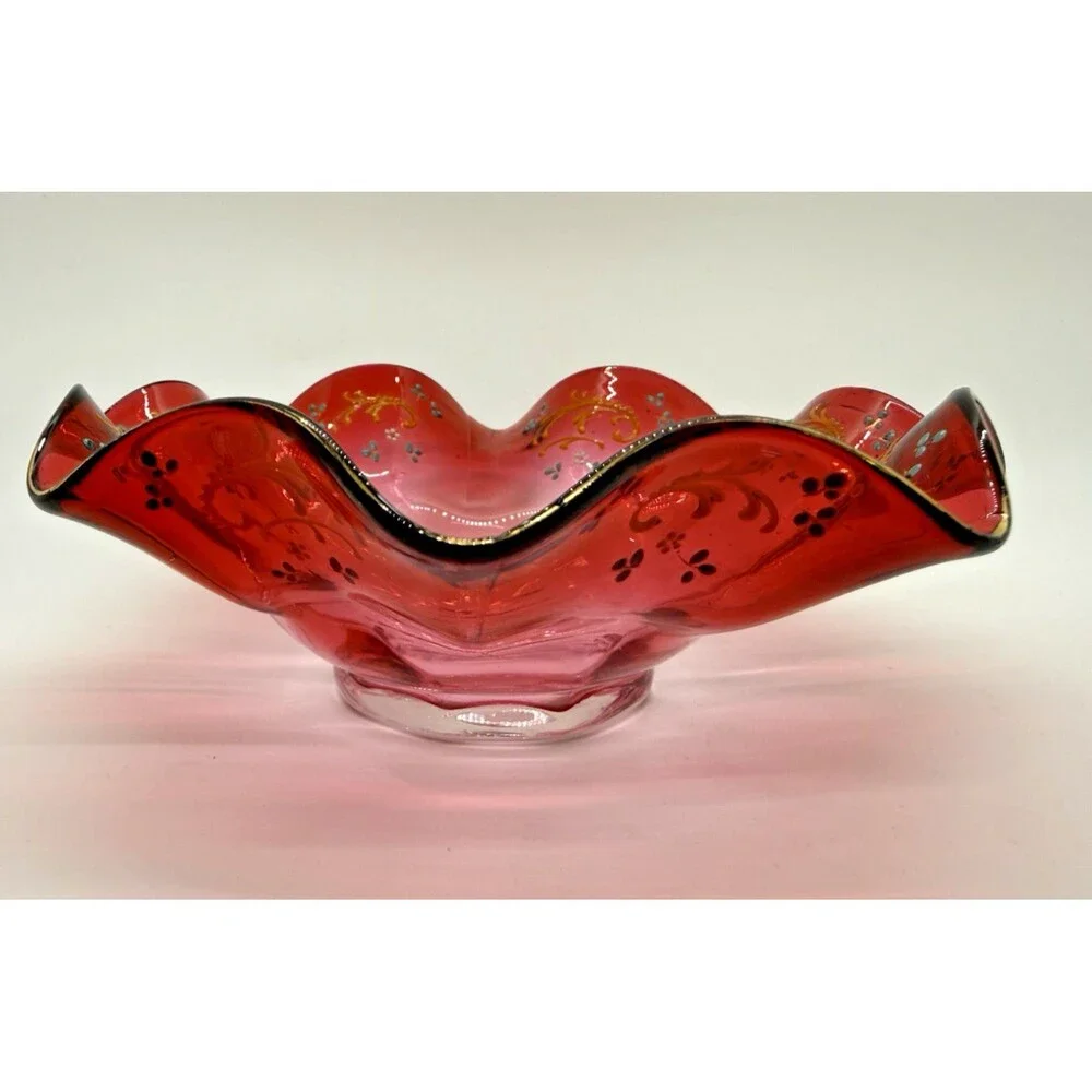 Vintage Murano Style Red Art Glass Bowl Hand Painted Gold Ruffled Rim Rare - Picture 4 of 11